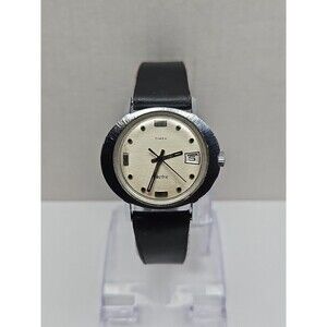 1972 Timex Ladies Electric Calendar Chrome Plated Vintage Date Watch Black Strap